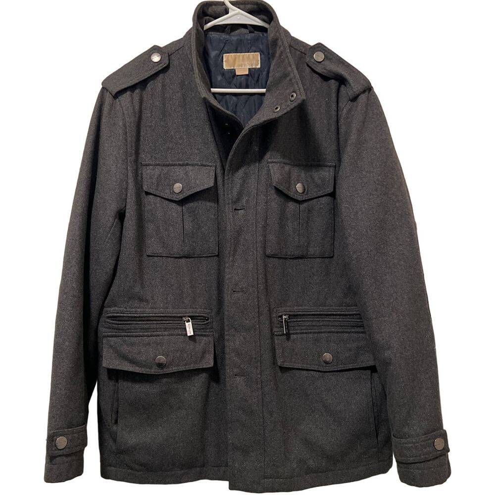 Men’s Michael Kors Wool Blend Utility Cargo Military Coat Jacket Gray Size M
